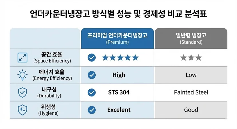 프리미엄 언더카운터 냉장고와 일반형의 성능 및 경제성 지표 비교 분석표
