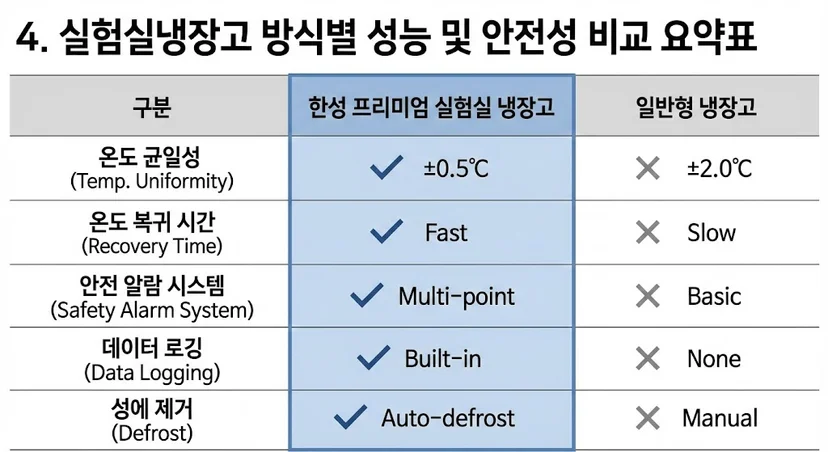 실험실냉장고 방식별 성능 및 안전성 비교 요약표