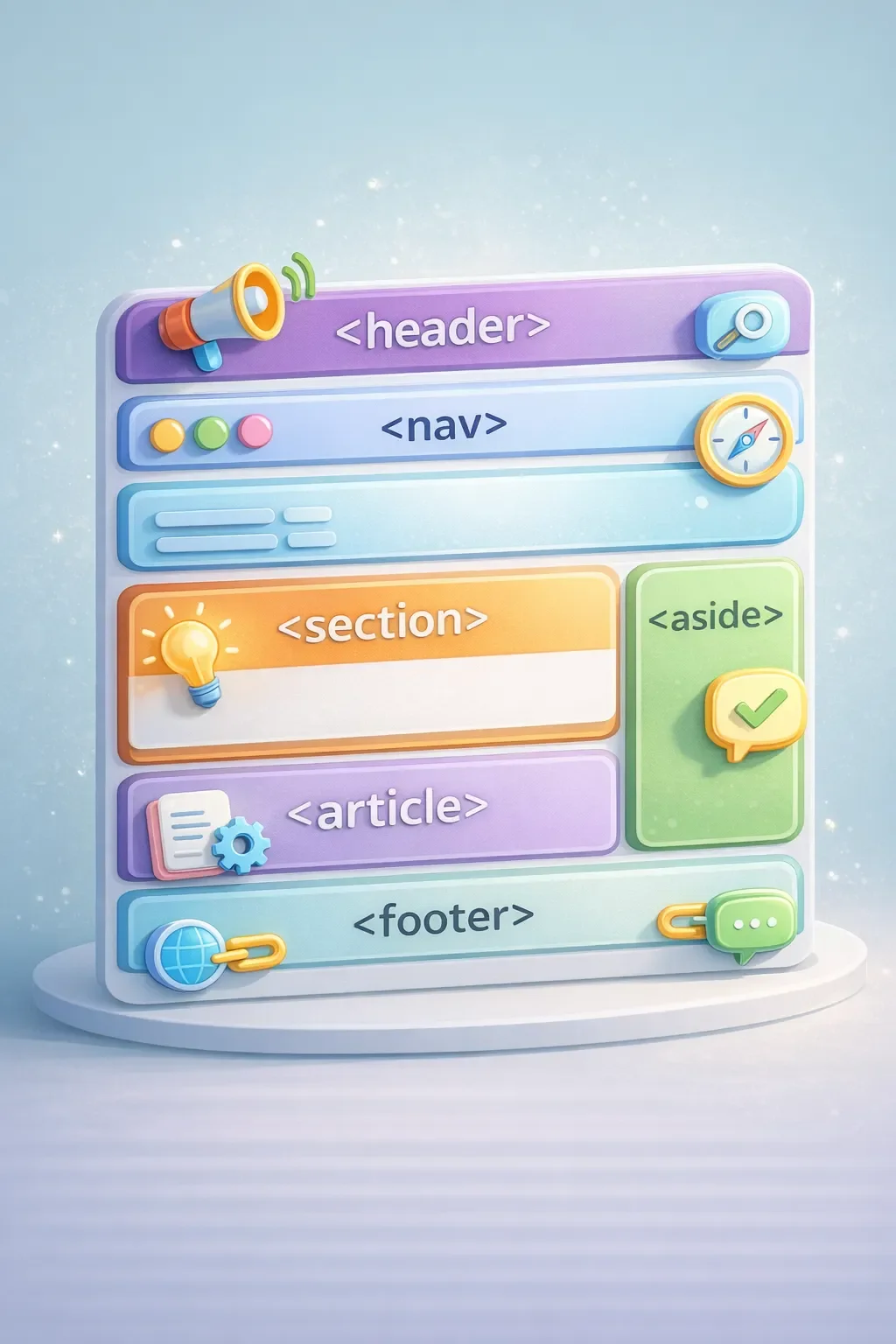 header, nav, section, aside, article, footer로 구성된 HTML 시맨틱 태그 구조