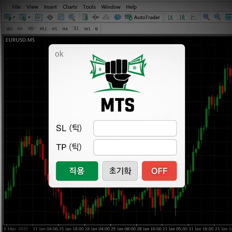 메타트레이더 MT5에서 진입 즉시 자동 손절(SL)·익절(TP)을 설정하는 EA 실행 화면