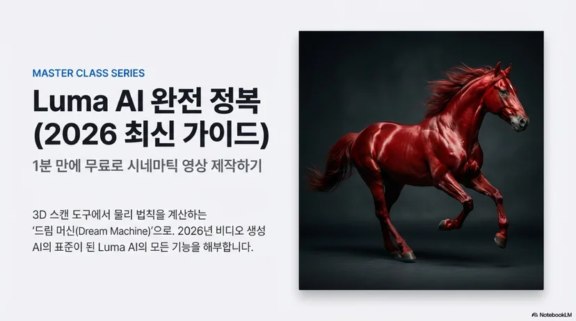 'Luma AI 완전 정복 (2026 최신 가이드)'라는 제목과 함께 붉은색 말이 역동적으로 달리는 고화질 이미지가 포함된 표지입니다. 3D 스캔 도구에서 물리 법칙을 계산하는 비디오 생성 AI의 표준이 된 Luma AI의 모든 기능을 해부한다는 부연 설명이 적혀 있습니다.