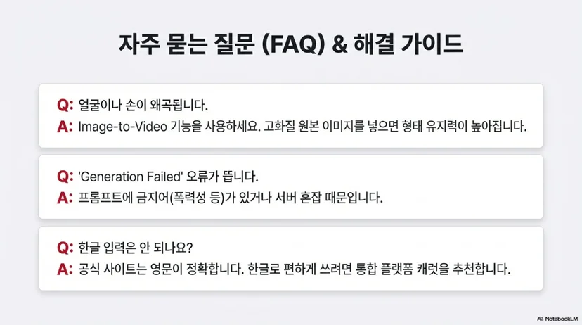자주 묻는 질문 3가지에 대한 해결 가이드입니다. 얼굴 왜곡 시 Image-to-Video 기능 활용, 생성 오류 시 프롬프트 점검, 한글 입력 필요 시 통합 플랫폼 '캐럿' 사용을 권장하는 답변이 정리되어 있습니다.