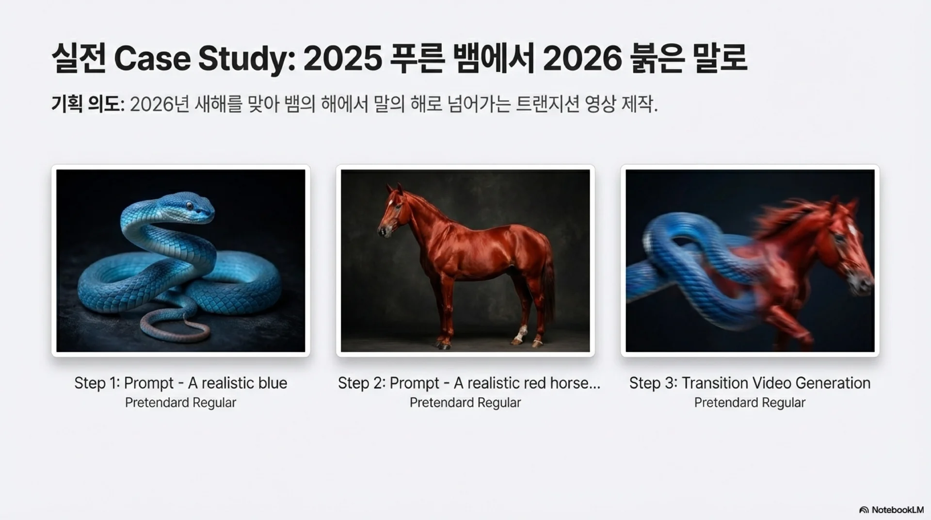 2025년 푸른 뱀에서 2026년 붉은 말로 변하는 트랜지션 영상 제작 과정을 보여주는 케이스 스터디입니다. 뱀 이미지 생성, 말 이미지 생성, 그리고 두 개체를 자연스럽게 융합하여 전환하는 영상 생성의 3단계 과정을 시각화했습니다.