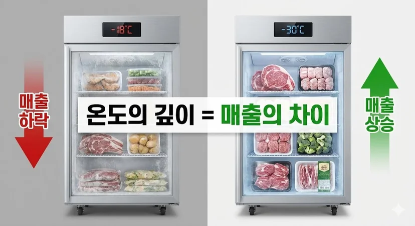 영하 18도 일반 냉동고(매출 하락)와 영하 30도 초저온 냉동스토커(매출 상승)의 내부 식재료 상태와 매출 영향을 비교한 인포그래픽 이미지.
