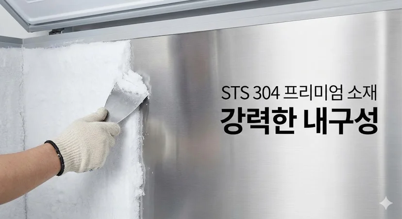 잦은 성에 제거에도 내구성이 뛰어난 STS 304 프리미엄 스테인리스 소재의 냉동스토커 내부 벽면을 보여주는 이미지.