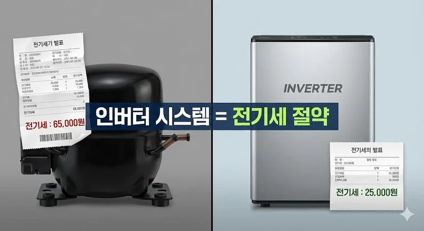 일반 컴프레서의 높은 전기요금(65,000원)과 인버터 시스템의 낮은 전기요금(25,000원)을 비교하여 에너지 절감 효과를 보여주는 인포그래픽 이미지.