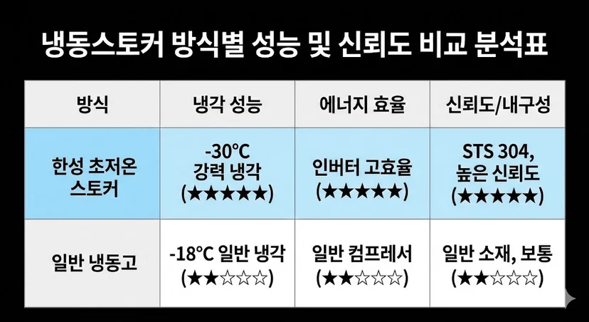 한성 초저온 스토커와 일반 냉동고의 냉각 성능, 에너지 효율, 신뢰도/내구성을 비교 분석하여 한성 제품의 우수성을 보여주는 비교표 이미지