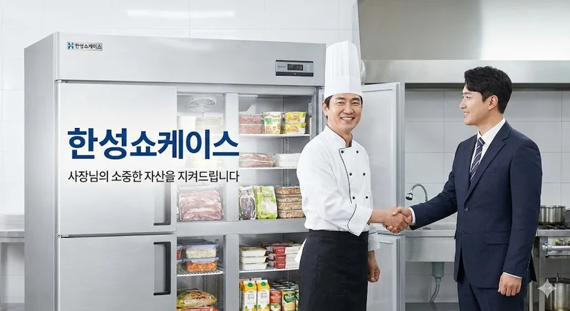 한성 쇼케이스 냉동스토커 앞에서 성공적인 비즈니스 파트너십을 상징하며 웃으며 악수하는 식당 사장님과 한성 쇼케이스 담당자의 모습.