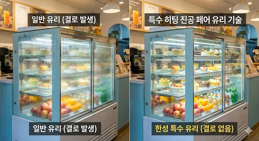 습기가 차서 뿌연 일반 유리와 결로 없이 수정처럼 맑은 한성 특수 유리의 차이를 한눈에 비교할 수 있는 이미지입니다.