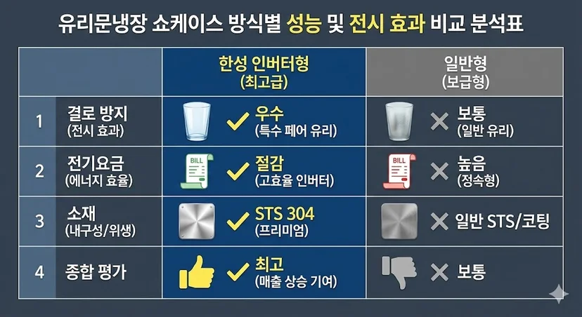 한성 인버터형과 일반형 쇼케이스의 결로 방지, 전기요금, 소재 등 핵심 성능을 비교 분석한 인포그래픽 표입니다.