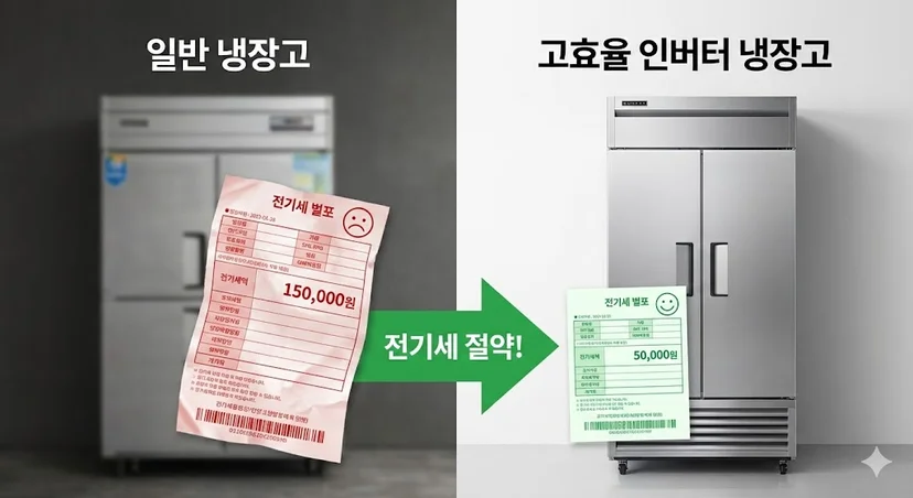 일반 냉장고와 고효율 인버터 냉장고의 전기요금을 비교하여 절감 효과를 시각적으로 보여줍니다.
