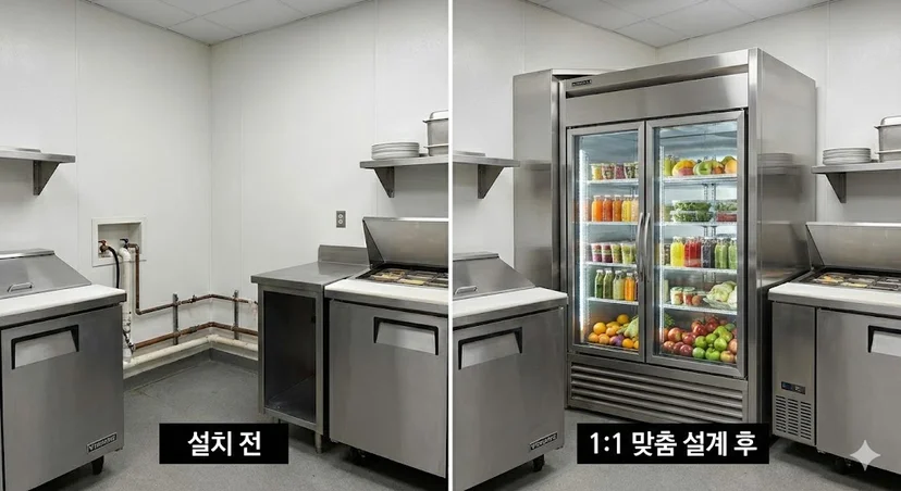 빈 공간에 딱 맞게 제작된 맞춤형 냉장고 설치 전후를 비교하여 공간 효율성을 보여줍니다.
