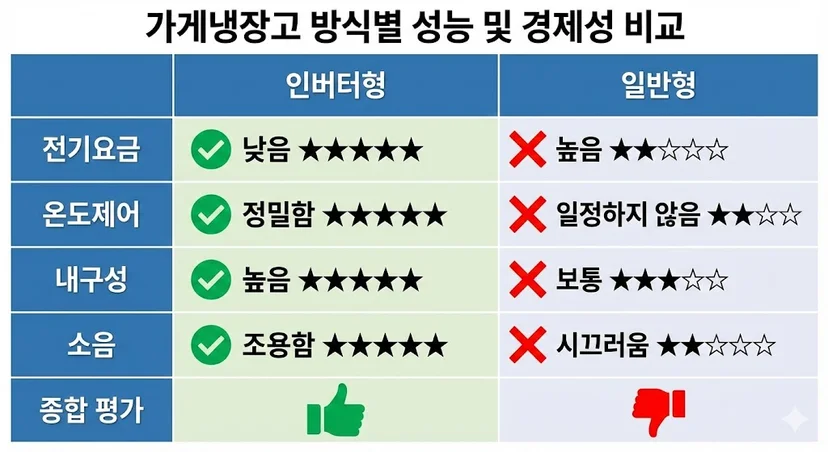 인버터형과 일반형 냉장고의 주요 성능과 경제성을 이해하기 쉽게 비교 분석한 표입니다.