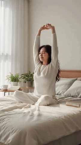 캐럿으로 제작한 가상 스킨케어 광고. 햇살이 비치는 아늑한 침실에서 편안한 파자마 차림의 여성이 기지개를 켜며 활기찬 아침 루틴을 시작하는 모습. 웰니스와 편안한 홈 라이프스타일을 보여주는 평온한 분위기.