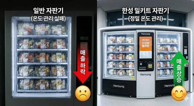 온도 관리에 실패한 일반 자판기와 정밀하게 관리되는 한성 자판기의 매출 차이를 시각적으로 비교하여 온도 관리의 중요성을 보여줍니다.