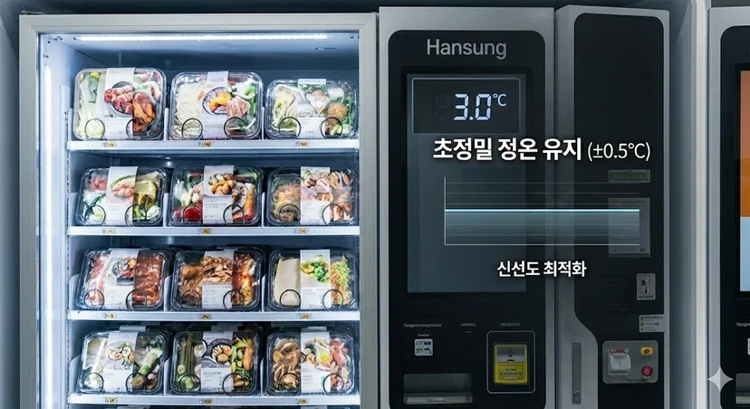 자판기 내부의 온도 표시창과 그래픽을 통해 다양한 식재료의 신선도를 최적으로 유지하는 초정밀 정온 기술을 시각화했습니다.