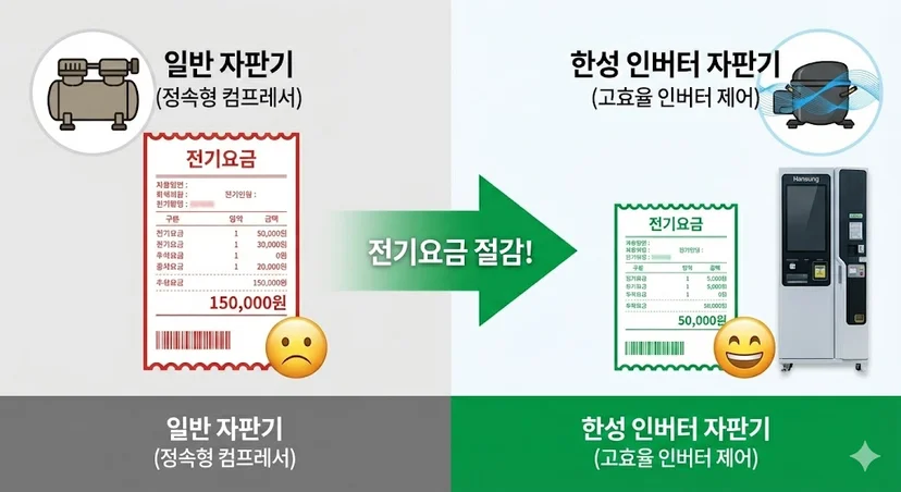 일반 자판기와 한성 인버터 자판기의 전기요금을 비교하는 인포그래픽을 통해 고효율 기술의 경제성을 직관적으로 보여줍니다.