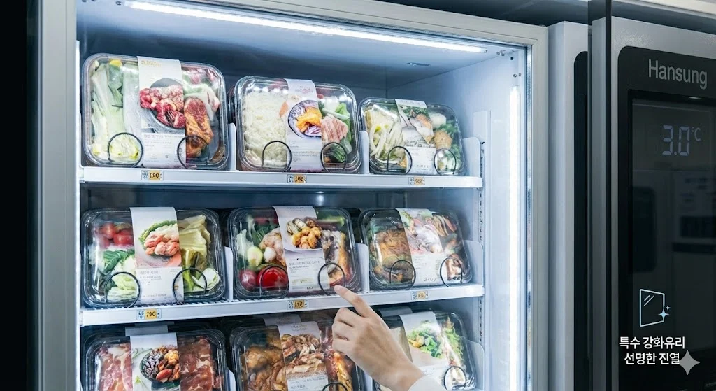 밝고 선명한 고연색 LED 조명과 특수 강화유리를 통해 밀키트의 신선함을 극대화하고 구매 욕구를 자극하는 진열 효과를 표현했습니다.