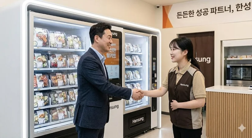 한성 밀키트자판기 앞에서 사장님과 한성 담당자가 악수하는 모습을 통해 성공적인 무인 비즈니스 파트너로서의 신뢰를 시각화했습니다.