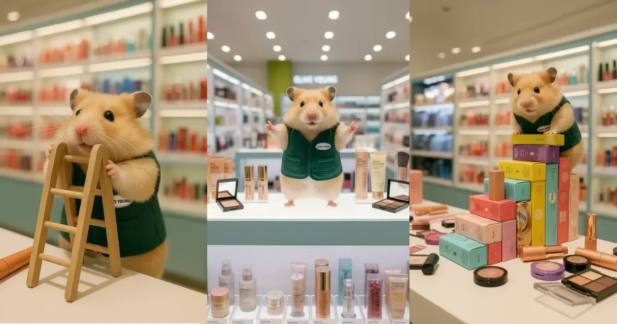 햄스터 캐릭터가 화장품 가게에서 일하고 있는 3분할 이미지.