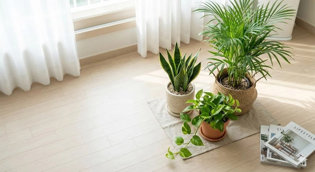 hree types of indoor air purifying plants in a stylish Korean studio.