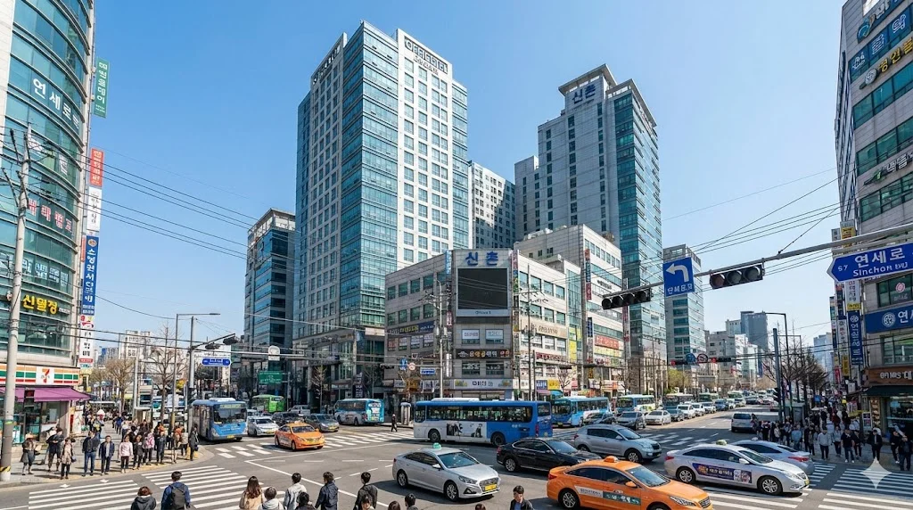 High-rise officetels and busy streets in central Sinchon.