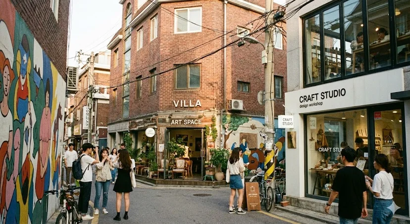 Red brick villa above an artistic cafe in a Hongdae alley.