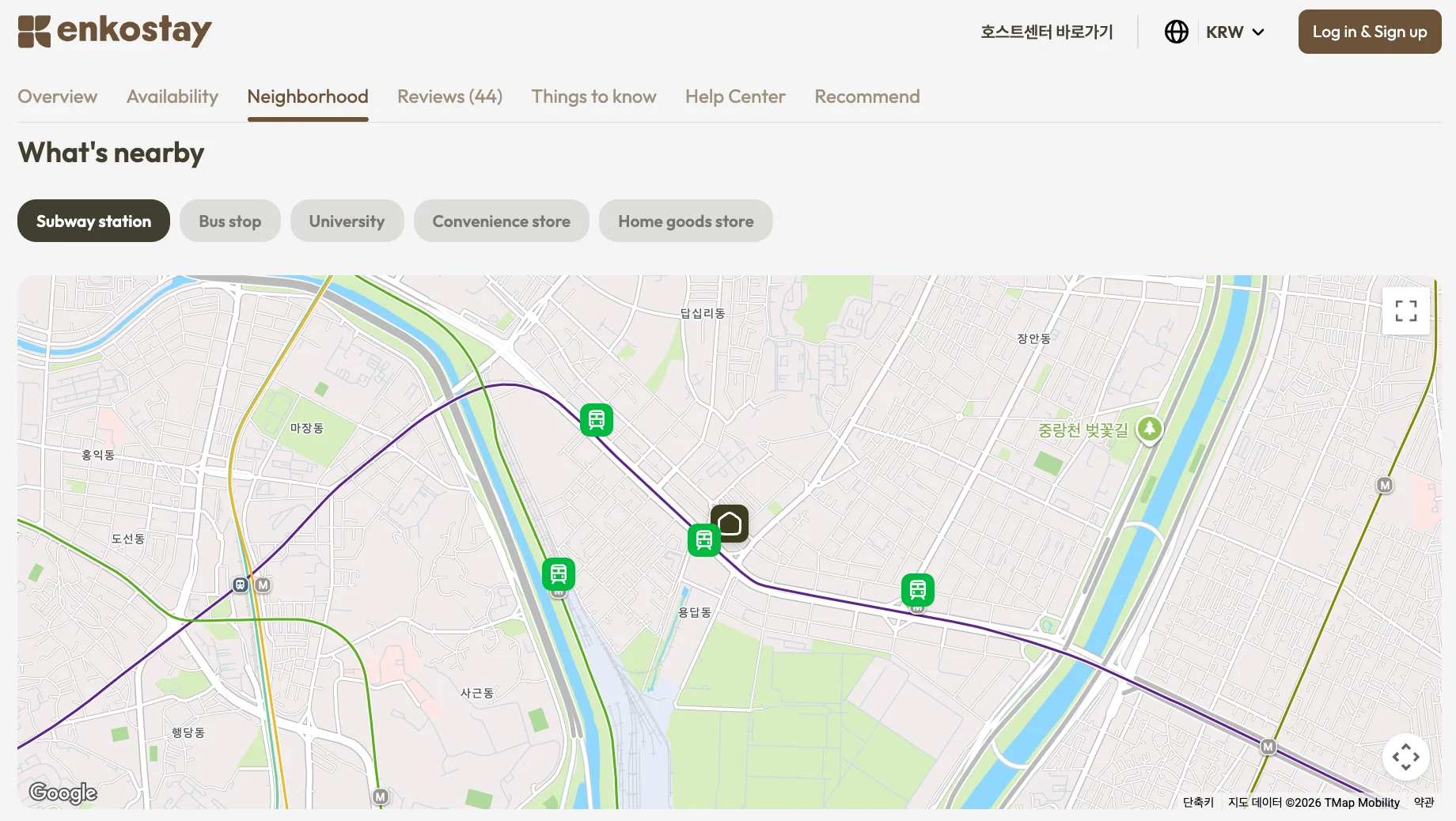 Enkostay map showing nearby subway stations and transit lines for a selected stay.