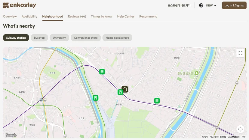 Enkostay map showing nearby subway stations and transit lines for a selected stay.
