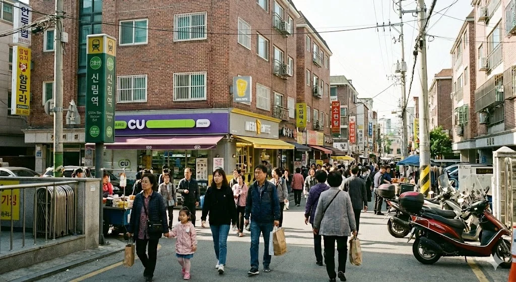 Modern Seoul subway station exit right next to residential apartment buildings during sunset.