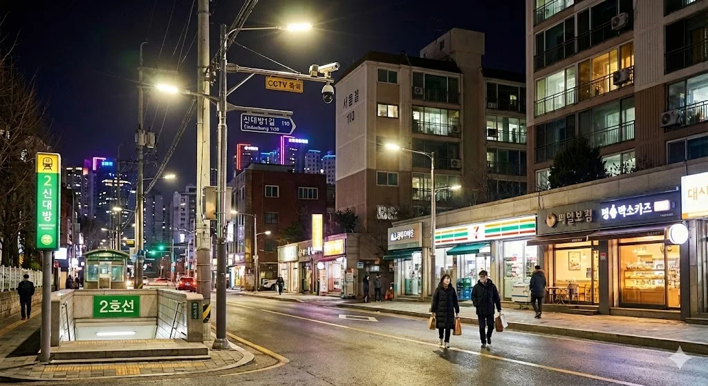 Nighttime view of a brightly lit and secure street near a Seoul subway station with pedestrians walking safely.