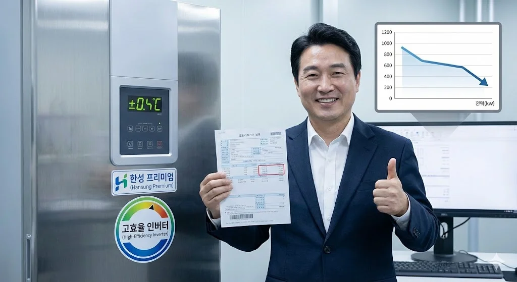 고효율 인버터 냉동고 옆에서 낮은 전기세 고지서를 들고 엄지척하는 사장님