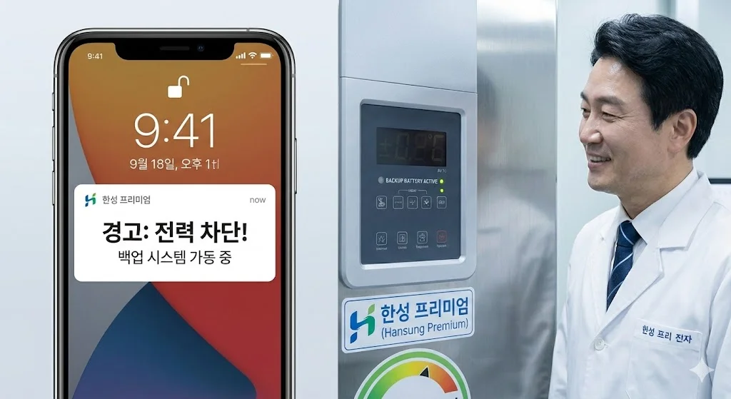 스마트폰 전력 차단 알림과 냉동고 백업 시스템 활성화 모습