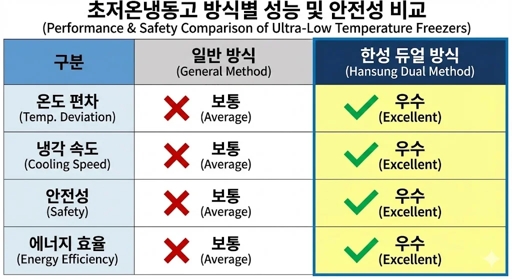 초저온냉동고 방식별 성능 및 안전성 비교 요약표