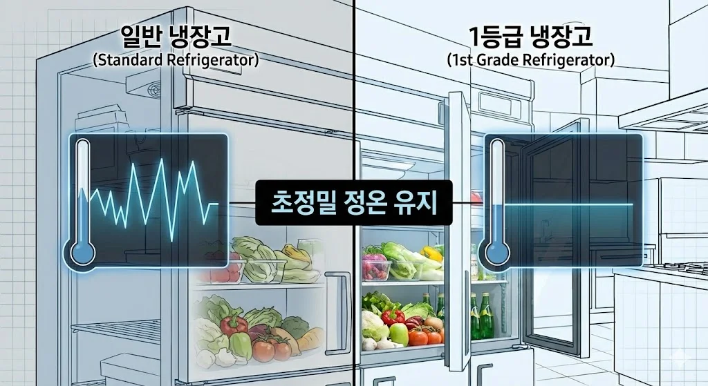 일반 냉장고와 1등급 냉장고의 온도 유지 성능 비교 이미지
