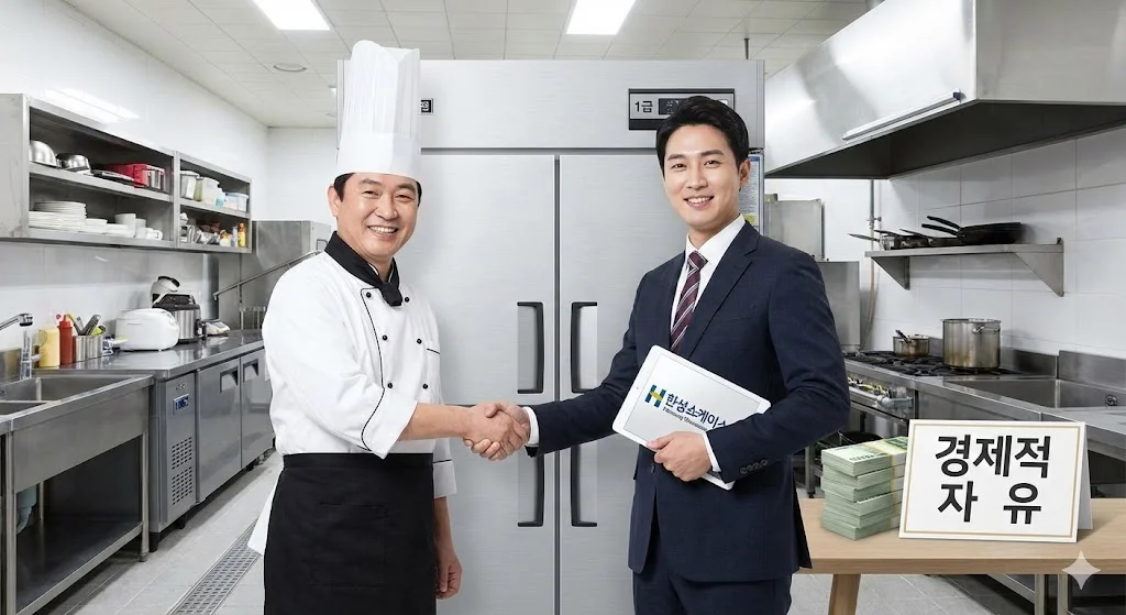 한성쇼케이스 담당자와 사장님의 악수하는 모습과 경제적 자유 문구 이미지