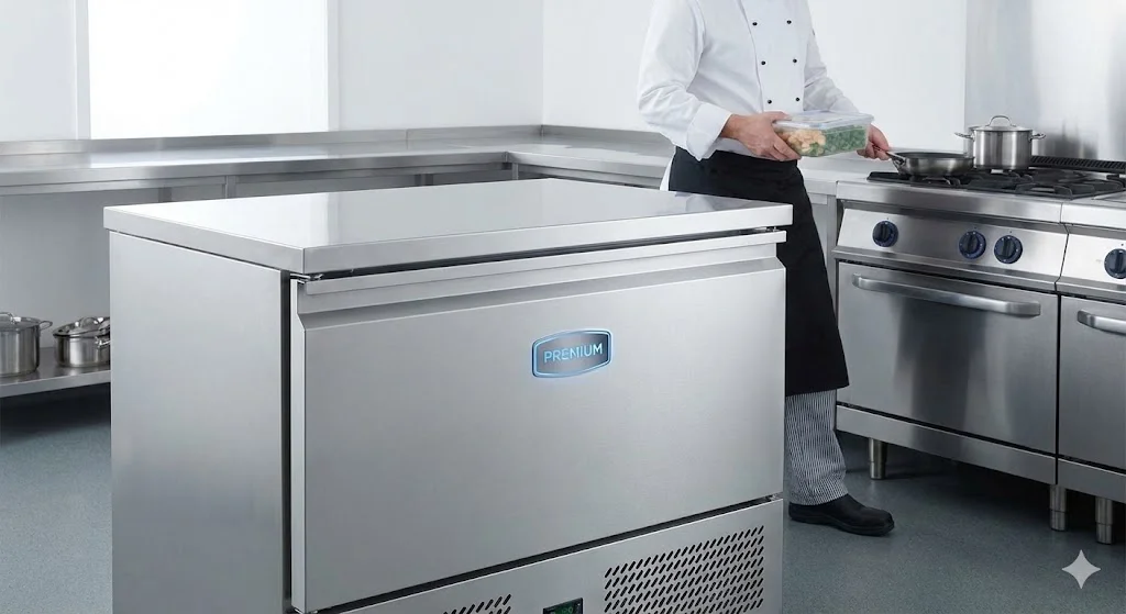 프리미엄 테이블냉동고 옆에서 효율적으로 움직이는 셰프의 모습