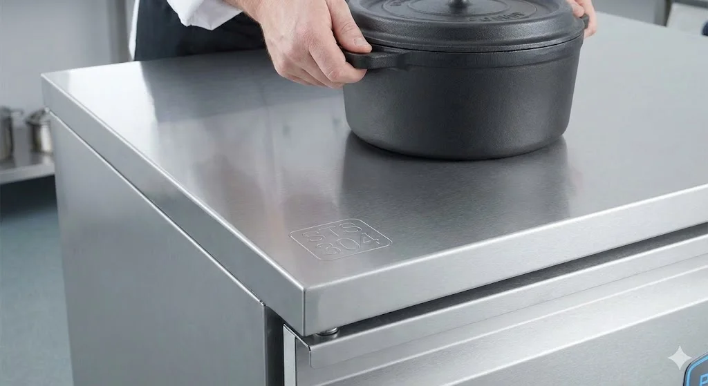 STS 304 마크가 선명한 스테인리스 상판에 무거운 냄비를 올려놓는 모습