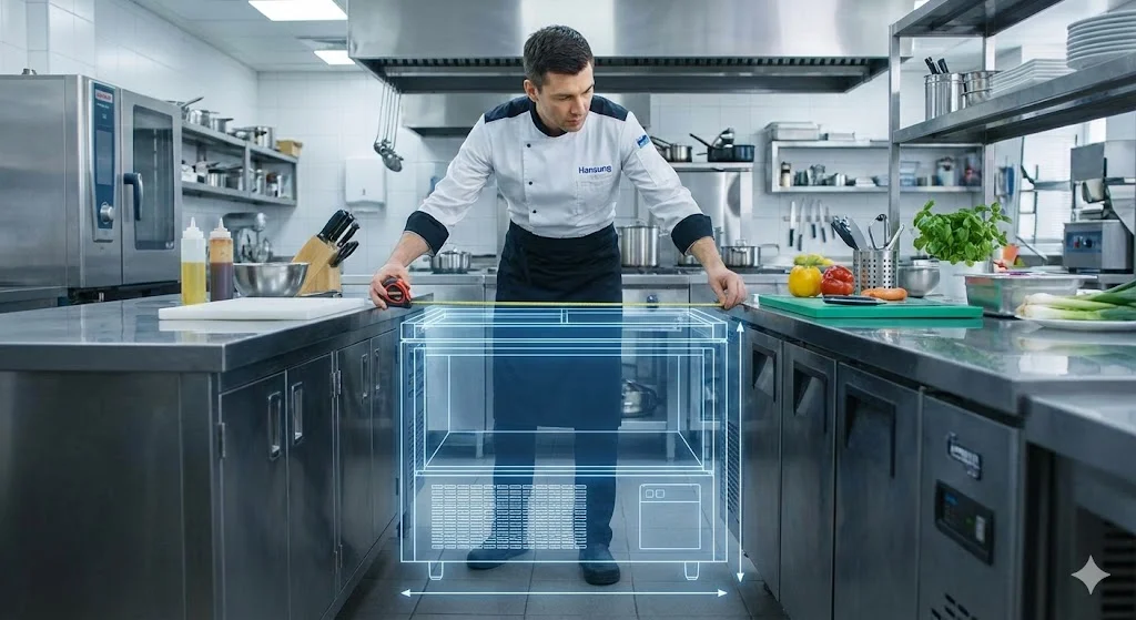 주방에서 줄자로 공간을 실측하며 맞춤형 냉동고를 설계하는 한성 직원