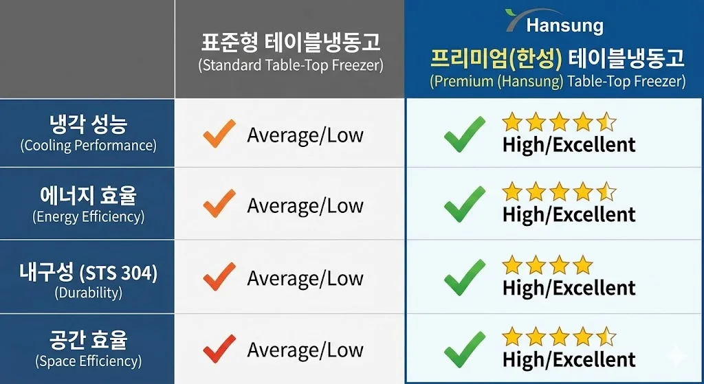표준형 테이블냉동고와 한성 프리미엄 테이블냉동고의 성능 비교 표