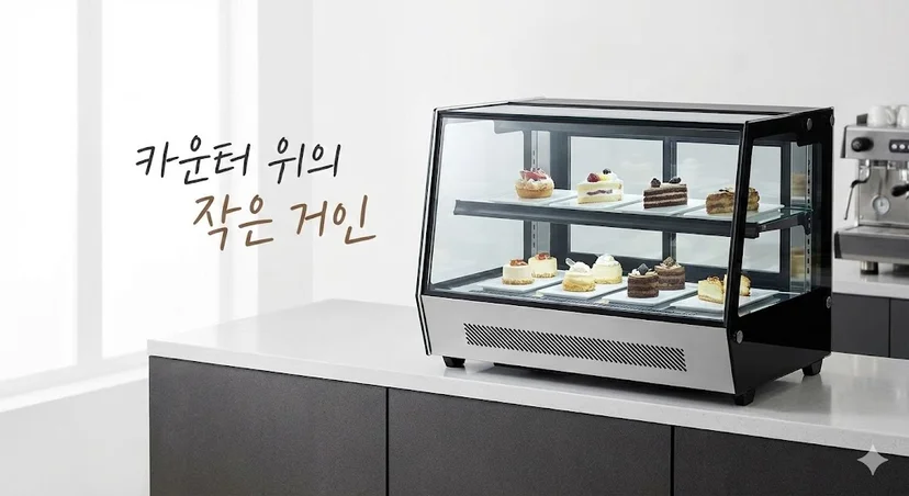 프리미엄 카페 카운터 위에 설치된 2단 쇼케이스, 카운터 공간 활용의 최적화된 솔루션