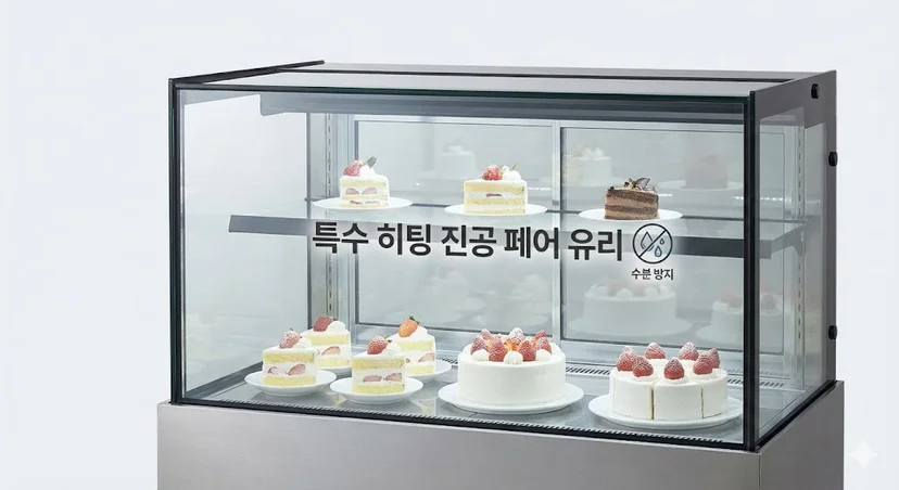 습한 환경에서도 결로 없이 투명함을 유지하는 특수 히팅 진공 페어 유리가 적용된 쇼케이스