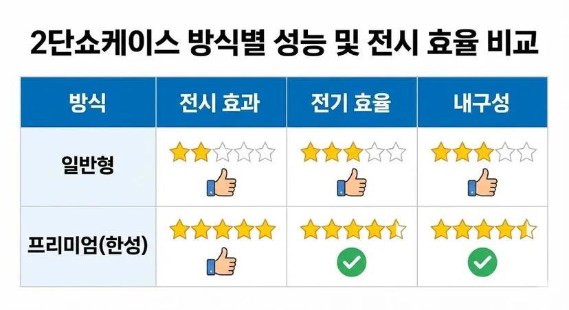 2단 쇼케이스의 방식별 성능 및 전시 효율을 비교한 인포그래픽 요약표