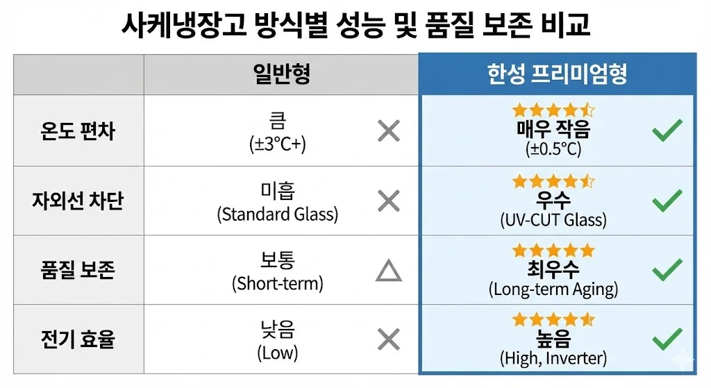 사케 냉장고 방식별 성능 및 품질 보존 비교 인포그래픽