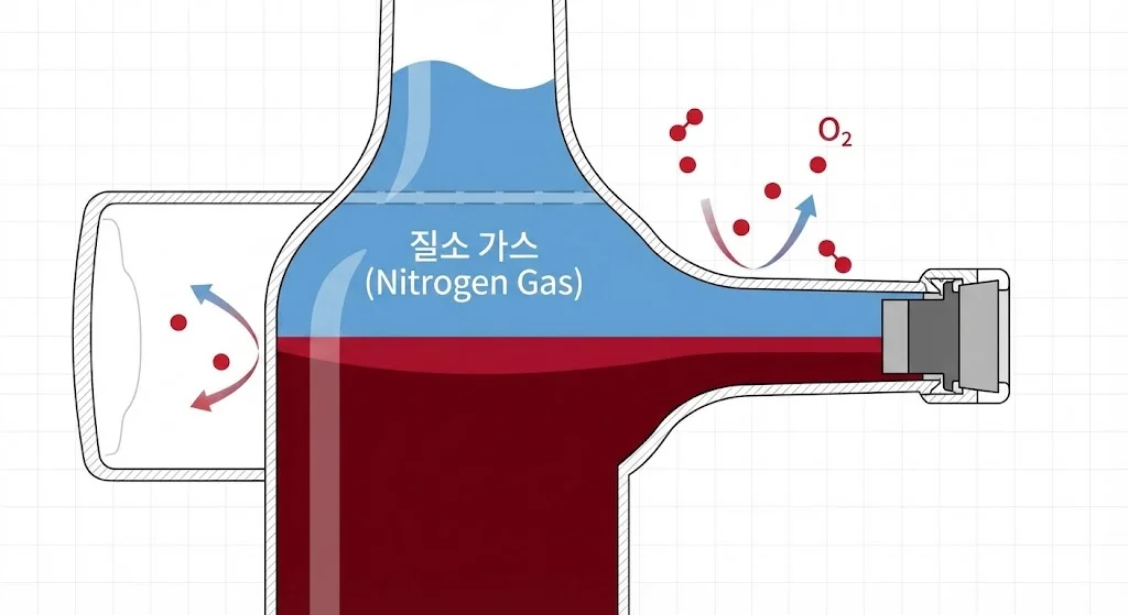 와인병 내부에 질소 가스가 주입되어 산소 접촉을 차단하는 불활성 가스 보존 기술 인포그래픽
