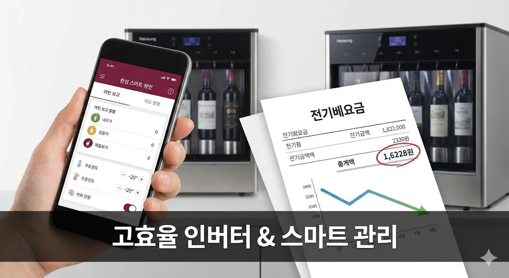 스마트폰 앱을 통한 와인 디스펜서 관리와 전기요금 절감 효과를 보여주는 이미지