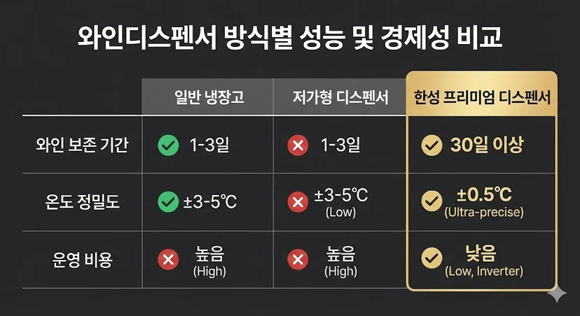 와인 보존 기간, 온도 정밀도, 운영 비용 면에서 한성 프리미엄 디스펜서의 우수성을 보여주는 비교 인포그래픽