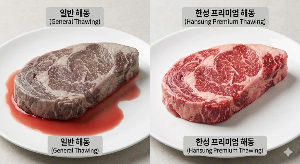 일반적인 해동 방식은 육즙과 함께 맛과 영양까지 빠져나가게 합니다. 한성 프리미엄 해동고는 이러한 문제를 해결하여, 식재료의 가치를 지켜줍니다.