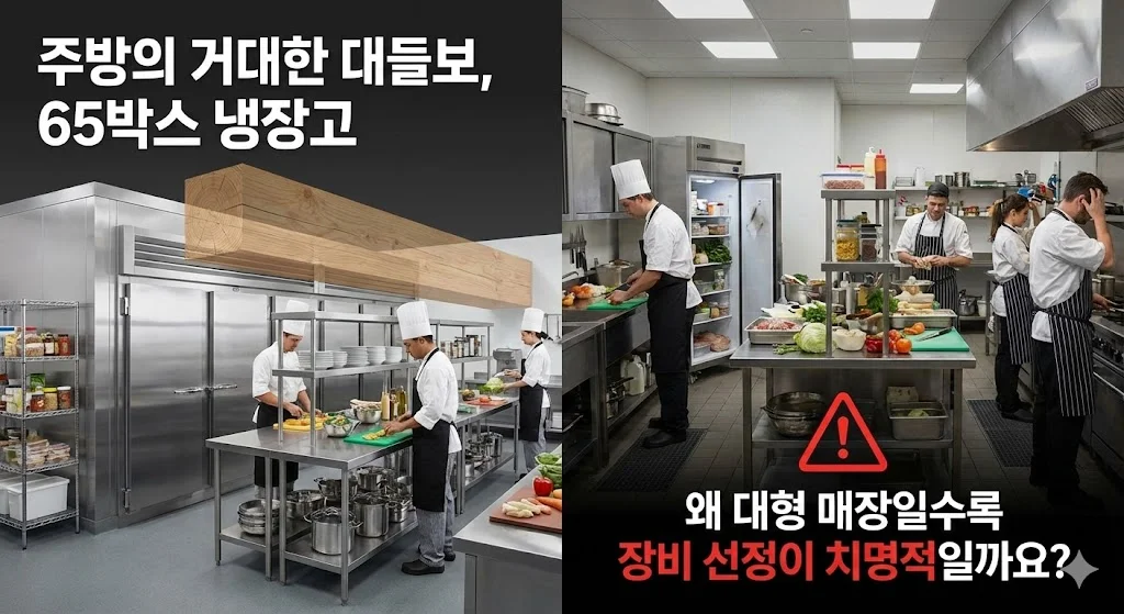 대형 매장 주방의 대들보 역할을 하는 65박스 대용량 업소용 냉장고와 전문 주방 장비 선정의 중요성을 보여주는 비교 이미지