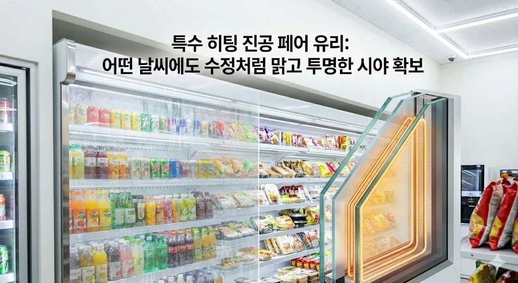 어떤 날씨에도 김 서림 없이 투명한 시야를 확보하는 특수 히팅 진공 페어 유리의 기술력을 직관적인 그래픽으로 보여줍니다.